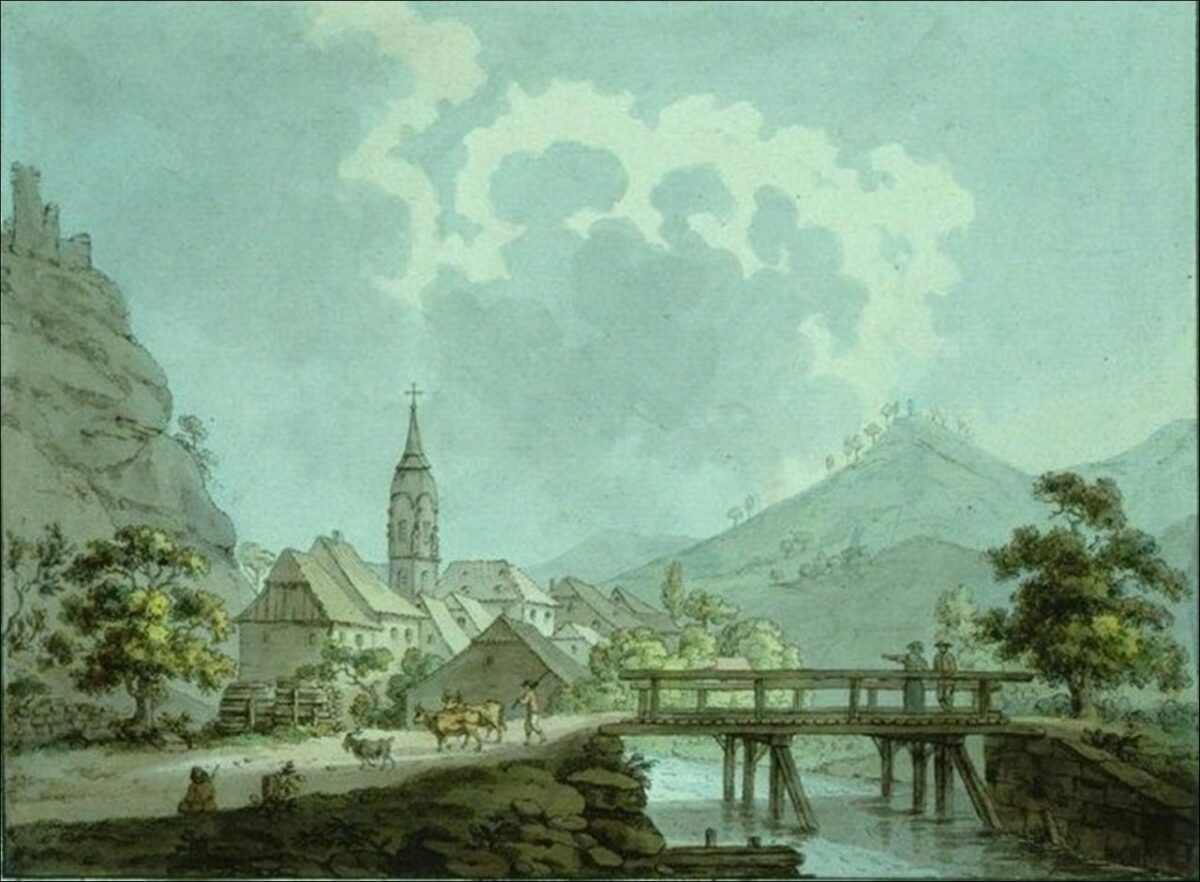 Aquarelle du 18è de Benjamin Zix, qui représente l’arrivée à Schirmeck - La Broque en venant de Strasbourg, avec le pont (die Brücke = La Broque) de bois reliant les deux villages. (JM Roy)